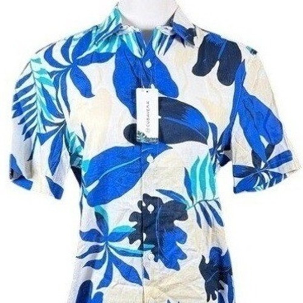 Cubavera Womens Small Tropical Leaf Print Linen Blend Button Down Shirt Blue